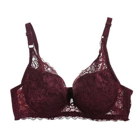 Ecqkame Lace Bras for Women Sexy No Underwire Push Up Bras Plus Size Thin without Sponge Lingerie Comfortable Bras for Women B-Wine XL on Clearance
