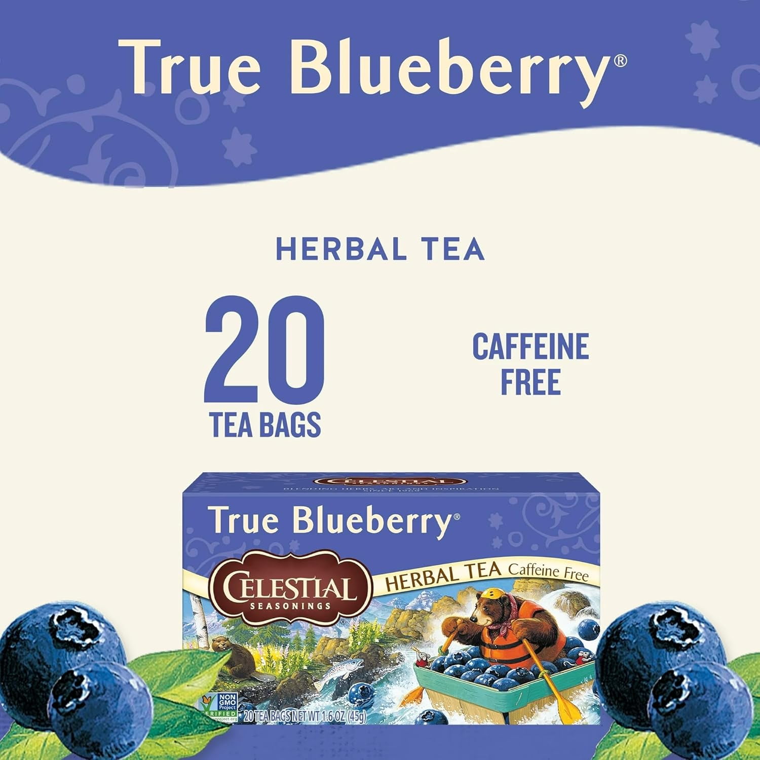 Celestial Seasonings True Blueberry Herbal Tea Bags, 20 Ct Pack Of 6