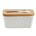 thumbnail image 1 of Stoneware Butter Dish with Wooden Lid – Ceramic Food Storage Container with Built-In Knife, Non-Slip Kitchen Essential, 1 of 8