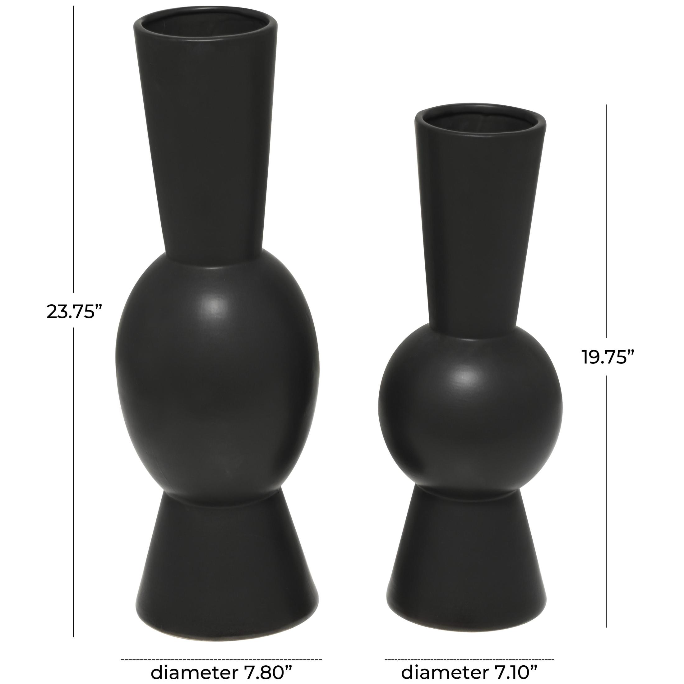 DecMode 24", 20"H Abstract Fluted Round Black Ceramic Vase, Set of 2