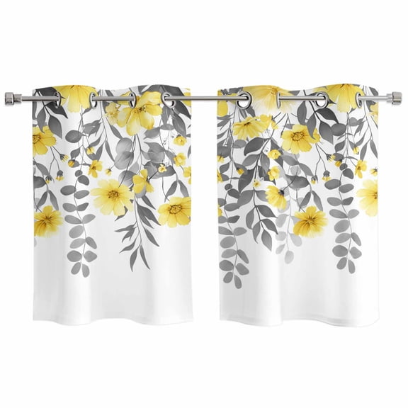 2 Panels Kitchen Tier Curtains 39 Inch Length, Yellow Floral Grommets Window Treatment Curtain, Farmhouse Spring Flowers Leaves Thermal Curtains Drapes for Living Room/Bathroom