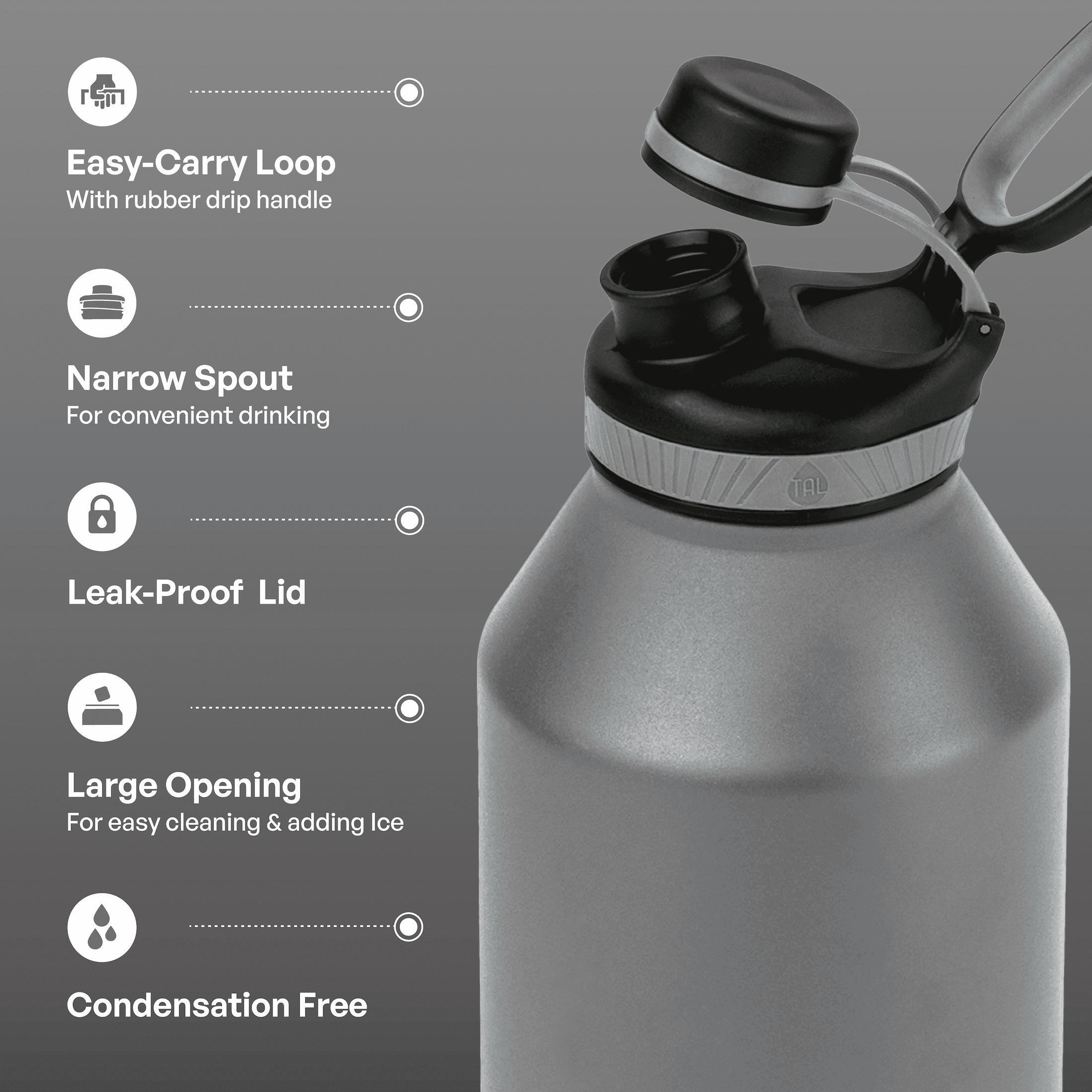 TAL Stainless Steel Ranger Water Bottle 64oz, Gray