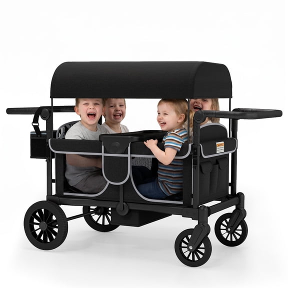 Guqiart 4-Seat Foldable Stroller Wagon with Canopy, Adjustable Handlebars & Safety Harness