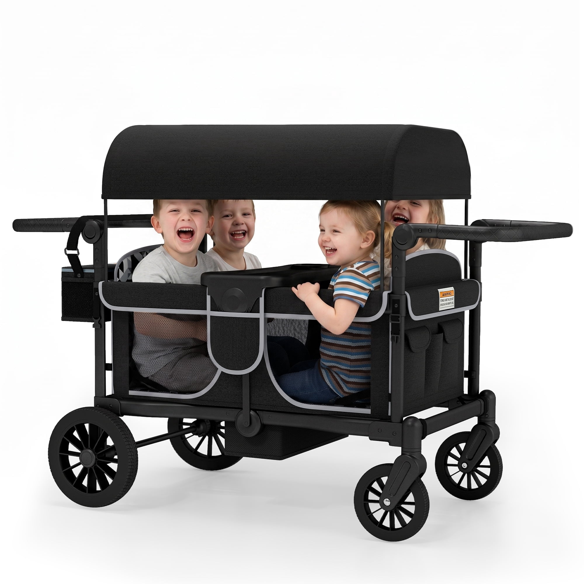 Guqiart 4-Seat Foldable Stroller Wagon with Canopy, Adjustable Handlebars & Safety Harness