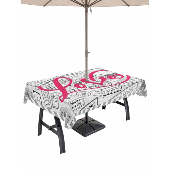 Outdoor Tablecloth with Umbrella Hole and Zipper, Pink Love Rectangle Table Cloth 60x84 Inch Waterproof Tablecloth, Valentine's Day Postmark Mails Retro Gray Picnic Table Cover for Patio Camping
