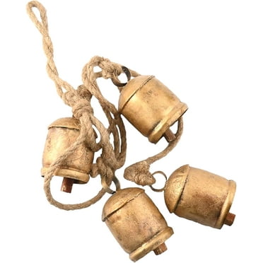 ZIG ZAG Vintage Gold Cluster Cow Bells on Rope (Pack of 4) Handmade Harmony Rustic Bells for Hanging Decor for Wall, Bedroom, Living Room, Door, or Christmas Tree Crafts - 4-Inch, Gold