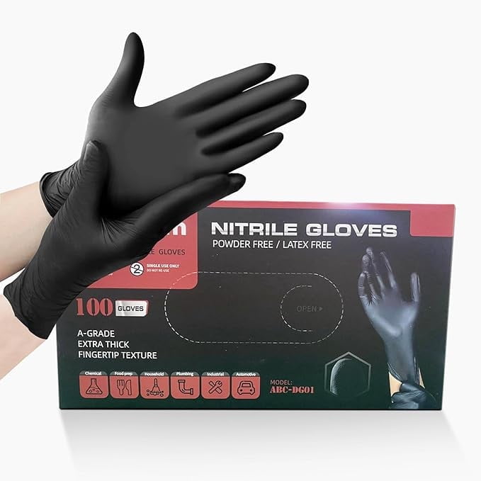 Disposable Nitrile Industrial Gloves: 5 Mil, Latex & Powder-Free, Textured, Food-Safe, Black (X-Large, Pack of 100)