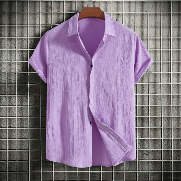 Meichang Mens Hawaiian Shirts Lightweight Solid Short Sleeve T Shirt Casual Button Down Beach Shirt Cotton Linen Turndown Tee Top Men's Shirts Clearance Purple M
