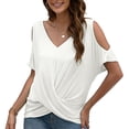thumbnail image 1 of Blusa torcida con hombros descubiertos y cuello en V de verano Tops para mujer Camiseta informal holgada de color puro para fiesta de citas Blanco L, 1 of 6