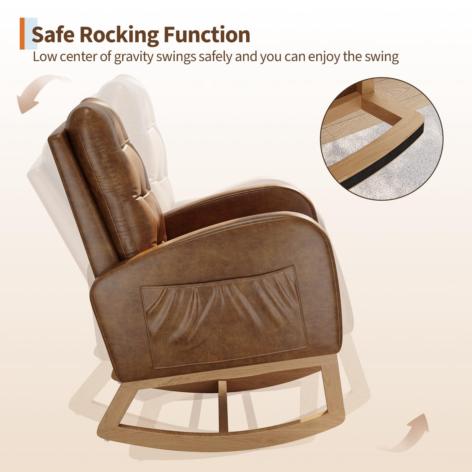 Nursery Rocking Chair with Adjustable Footrest, High Backrest, Sturdy Wooden Legs, Breathable PU Leather or Soft Fleece Upholstery, Comfortable Glider for Living Room or Bedroom
