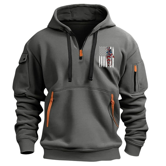 Styesk Sweatshirts for Men Men's Spring And Fall Printed Hooded Sweatshirt Zipper Multi-Pocket Pullover Sweatshirt