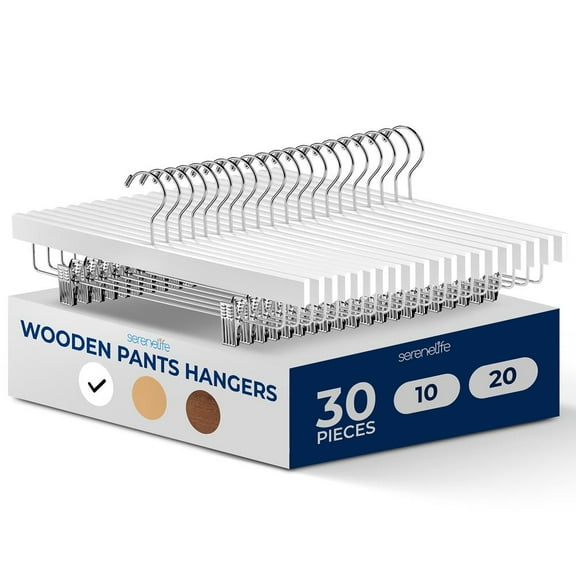 30 Pcs. Premium Wooden Pants Hangers - Heavy Duty Hanger Set with Chrome 360° Swivel Hook and Adjustable Steel Clips, Ideal for Jeans, Slacks, Skirts, and Shorts (White)