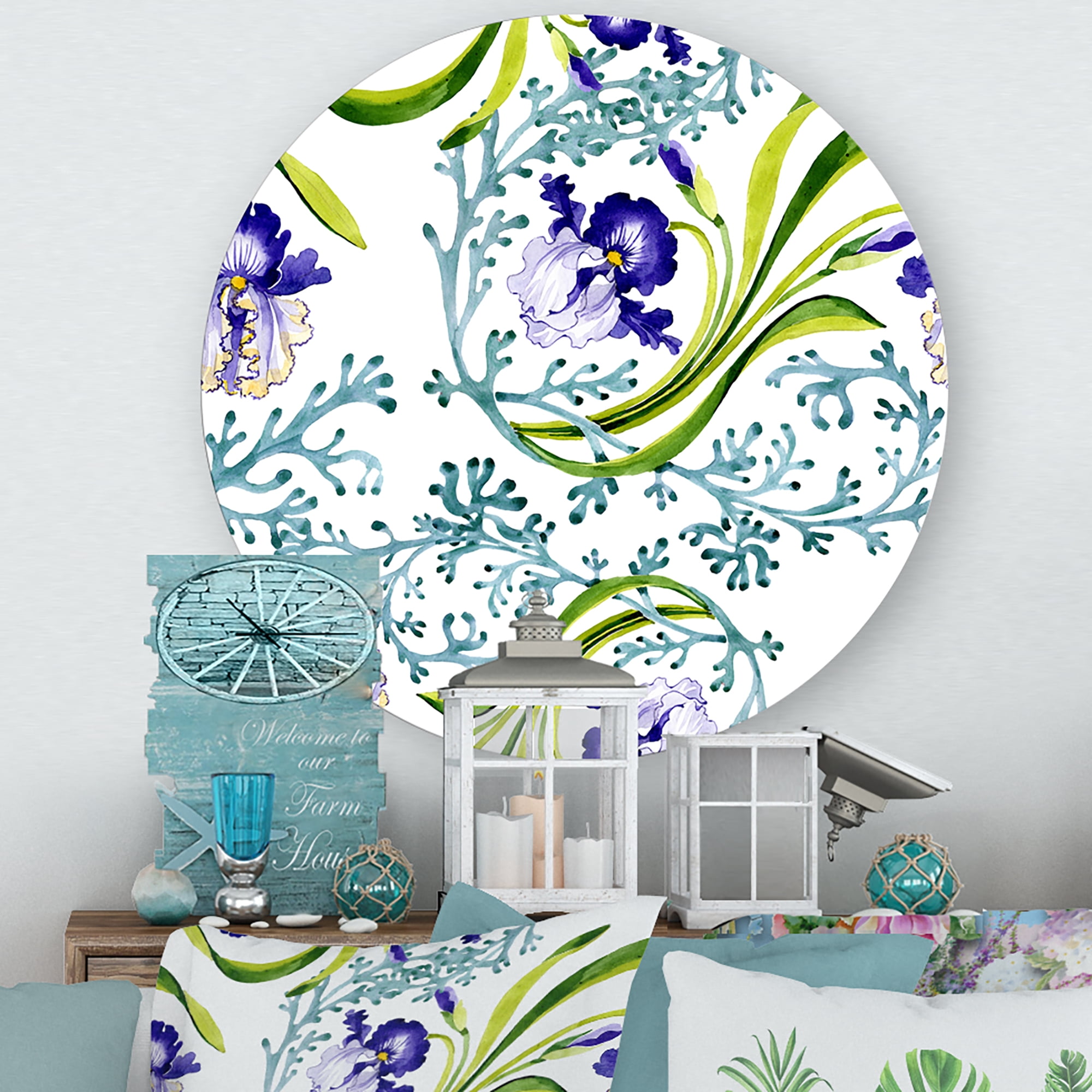 Designart 'Abstract Blue Iris With Wild Spring Leaves' Traditional Circle Metal Wall Art 23x23 - Disc of 23