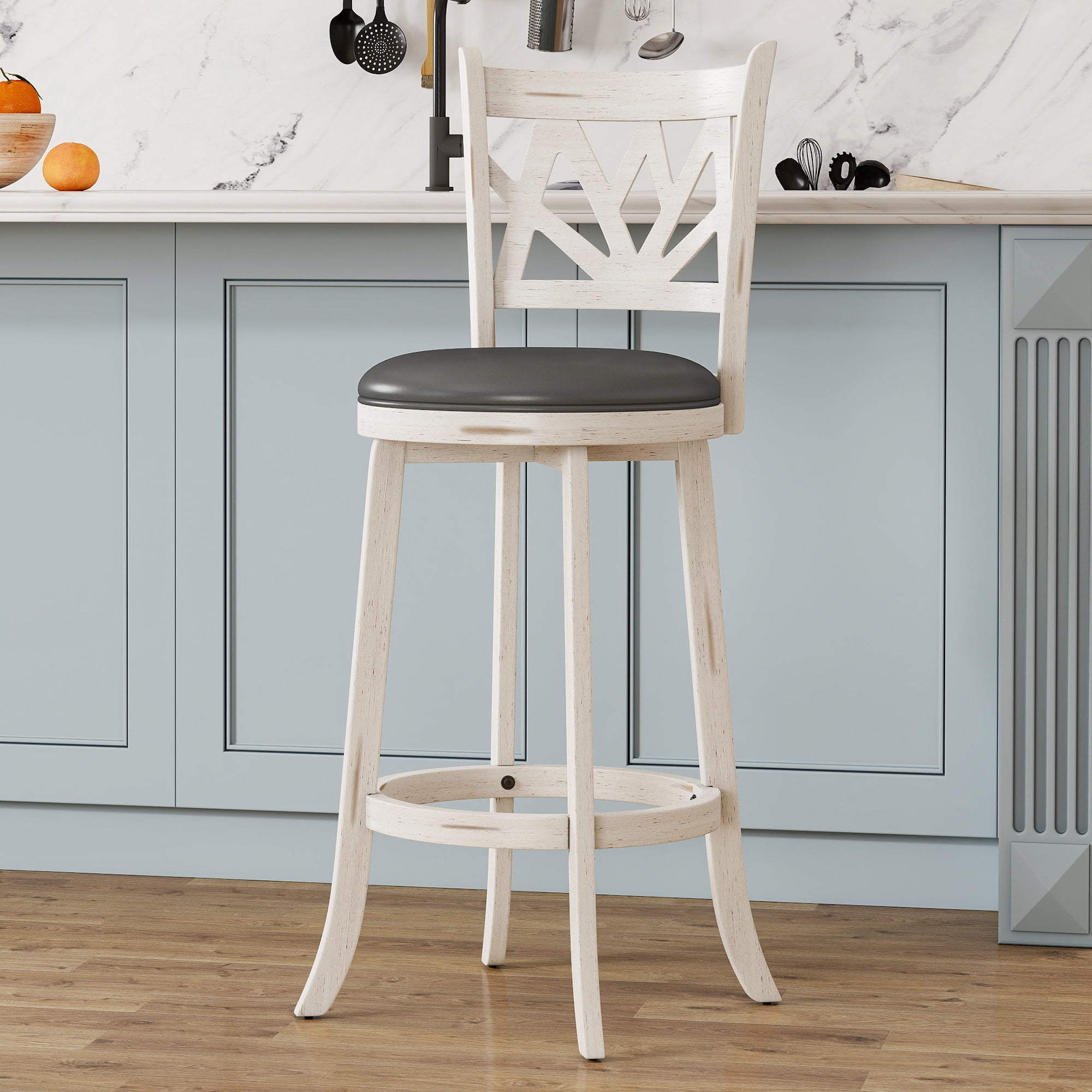 Joywind Farmhouse Swivel Bar Stools Set of 2, 30" Carved Lotus Barstools, Faux Leather Upholstered Bar Chairs with Solid Footrest & Wood Legs, Antique White