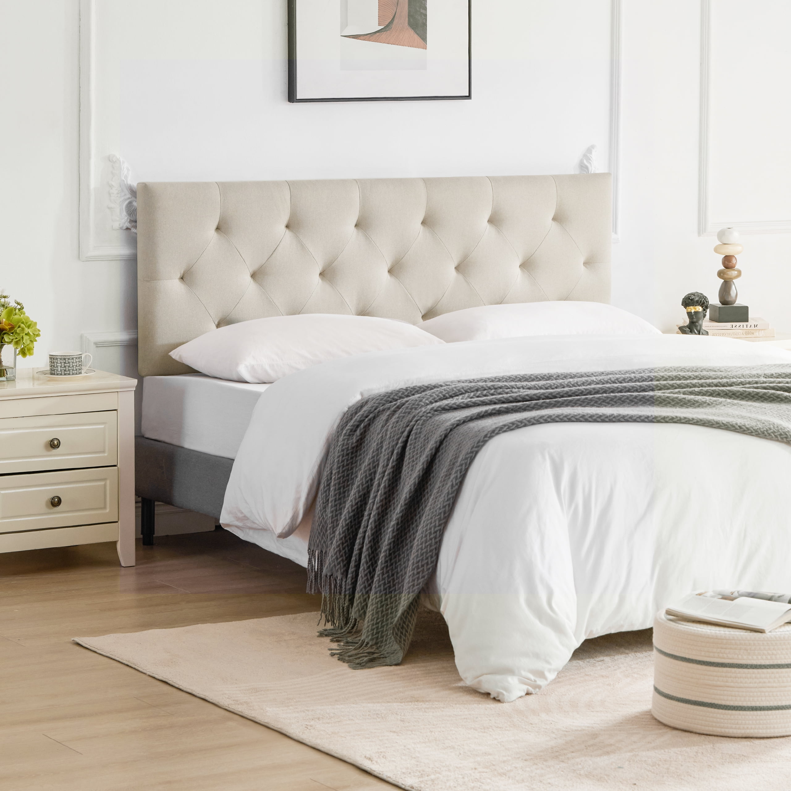 Weture Linen Upholstered Full Headboard, Modern Diamond Tufting, Adjustable Height, Beige