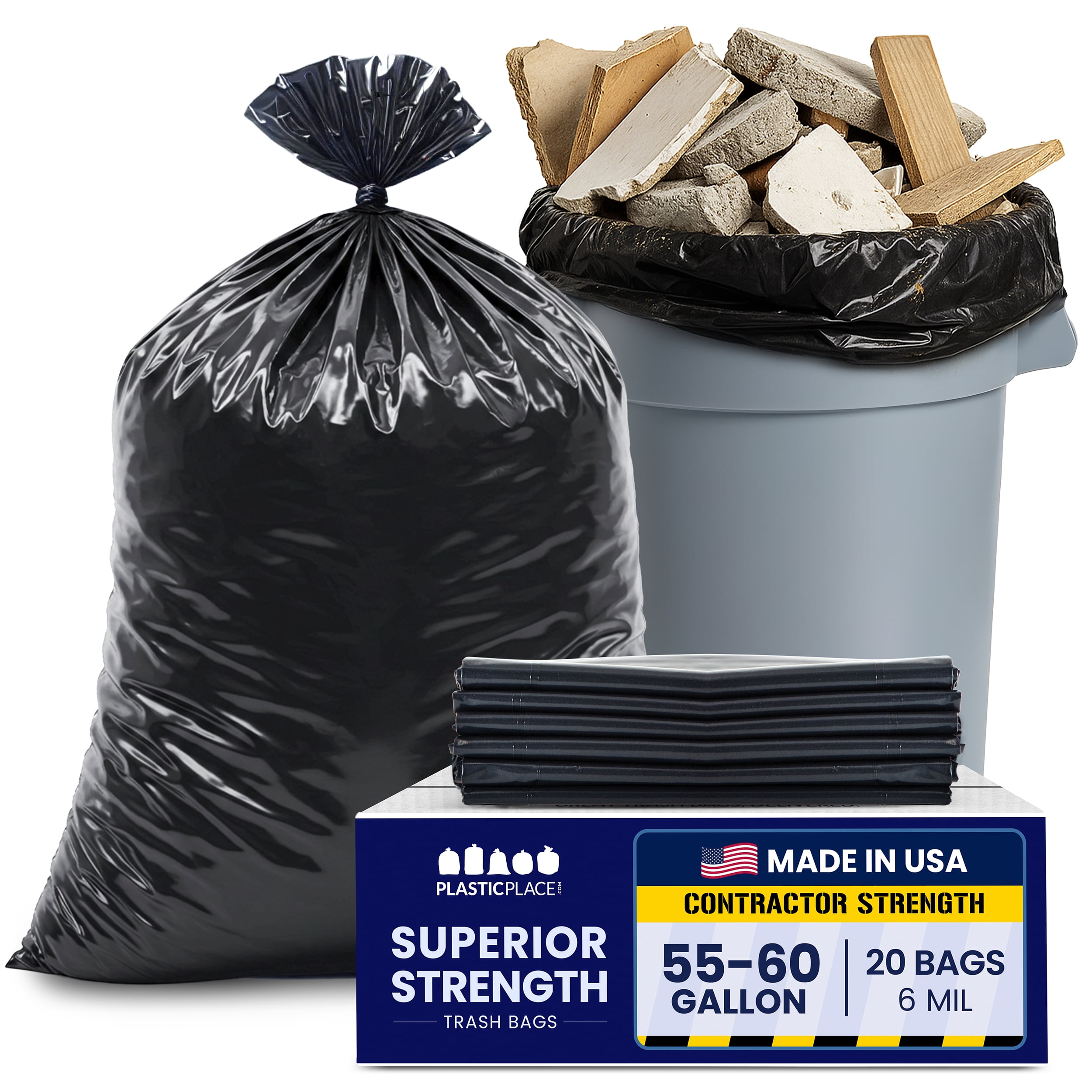 Plasticplace Contractor Garbage Bags: 55 Gallon Trash Bags Heavy Duty, Big Black Trash Bags, 36"x58", 6.0 Mil, Pack of 20