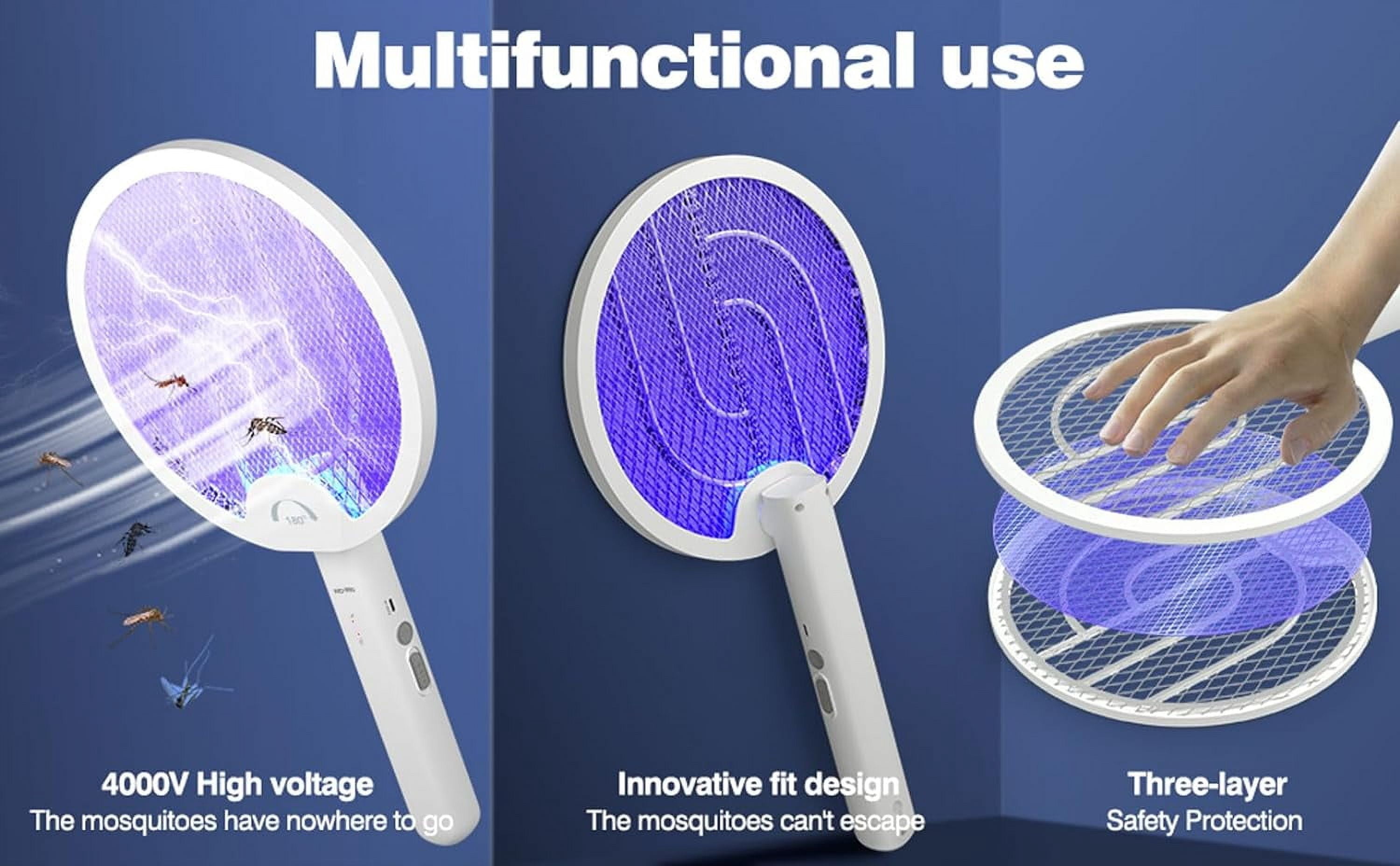 Electric Fly Swatter 4000V 2 in 1 Bug Zapper Racket Fly Killer Mosquitoes Trap Lamp Rechargeable with 1200mAh Battery for Indoor Home Office Backyard Patio Camping (1 Pack)-White