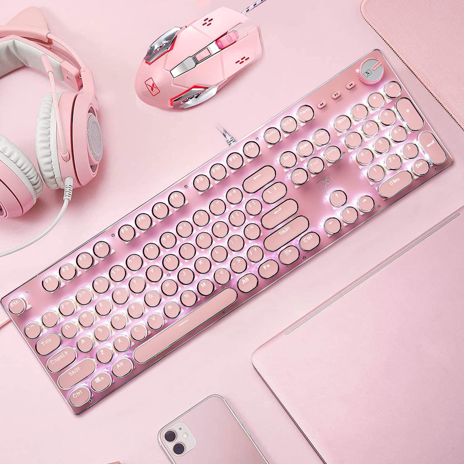 X9 Wired 104 Keys Typewriter Mechanical Gaming Keyboard and Mouse, White LED Backlit for PC/Mac/Windows