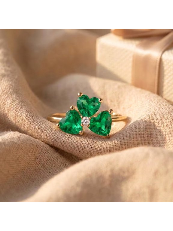 Triple Heart Emerald Ring, Lab Created Emerald Clover Engagement Ring in 925 Sterling Silver, Floral May Birthstone Ring, Romantic Gift for Her