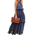 thumbnail image 3 of Womens Summer Dress Cotton Sleeveless Halter Layered Casual Boho Flowy Maxi Dress Navy Blue XL, 3 of 7