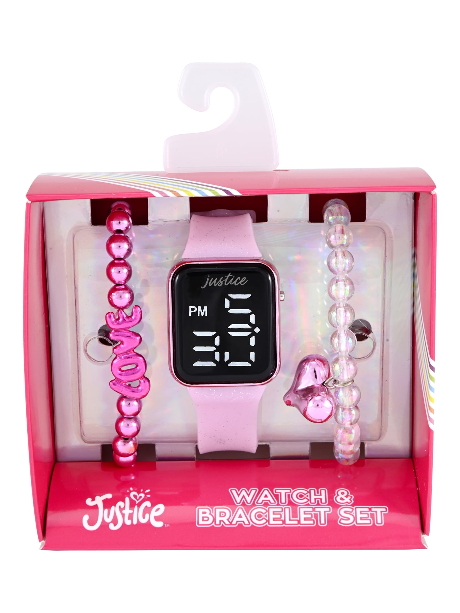 Justice Girls Pink Glitter Silicone Strap Led Watch with Matching Stretch Bracelets; JSE4016WM