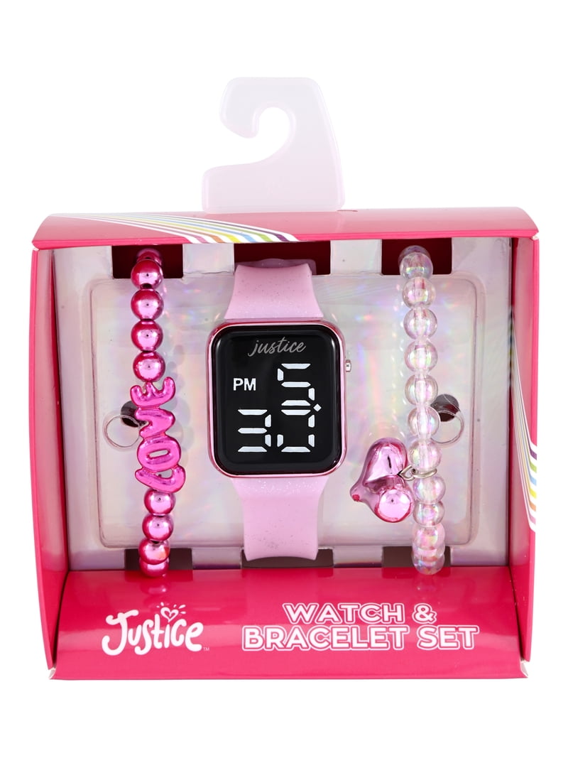 Justice Girls Pink Glitter Silicone Strap Led Watch with Matching