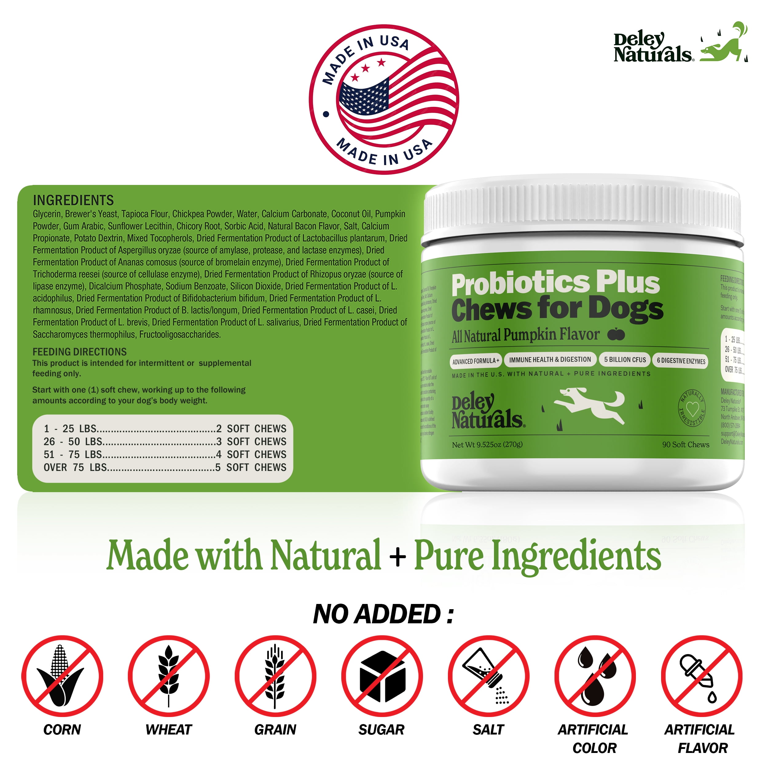 Deley Naturals Probiotics Plus Chews for Dogs, Gut Health Supplement, Prebiotics, Pumpkin Flavor, 90 Count
