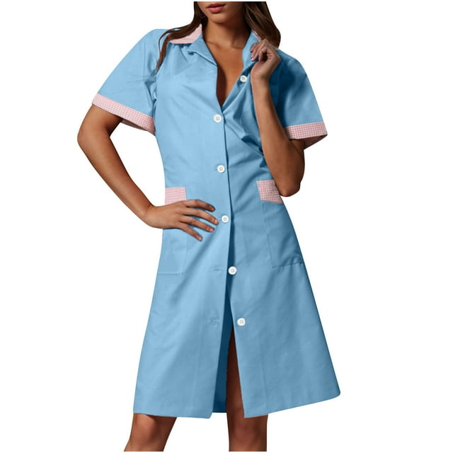 Xfvqtps Robe d'Infirmière pour Femmes avec Poches, Boutons, Manches Courtes, Empiècement, Col à Revers, Robe de Travail pour Préposée, Bleu Pâle