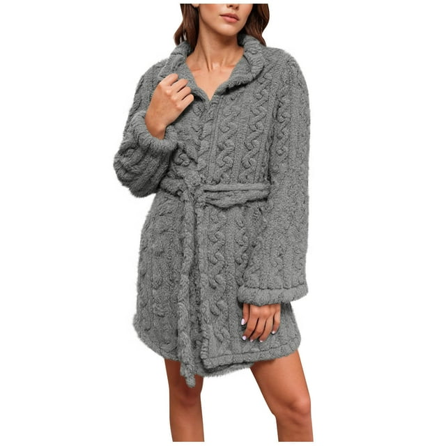 Ovingeta Women Long Sleeve Bathrobe Thicken Robe Lapel Collar Loungewear Flannels Robe Wool Fleece Tops Fuzzy Warm Sleepshirt