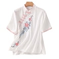 thumbnail image 5 of LYEAA Cotton Linen Blouses for Women Traditional Mandarin Collar Shirts Floral Embroidery Short Sleeve Tops Summer Clothes, 5 of 7