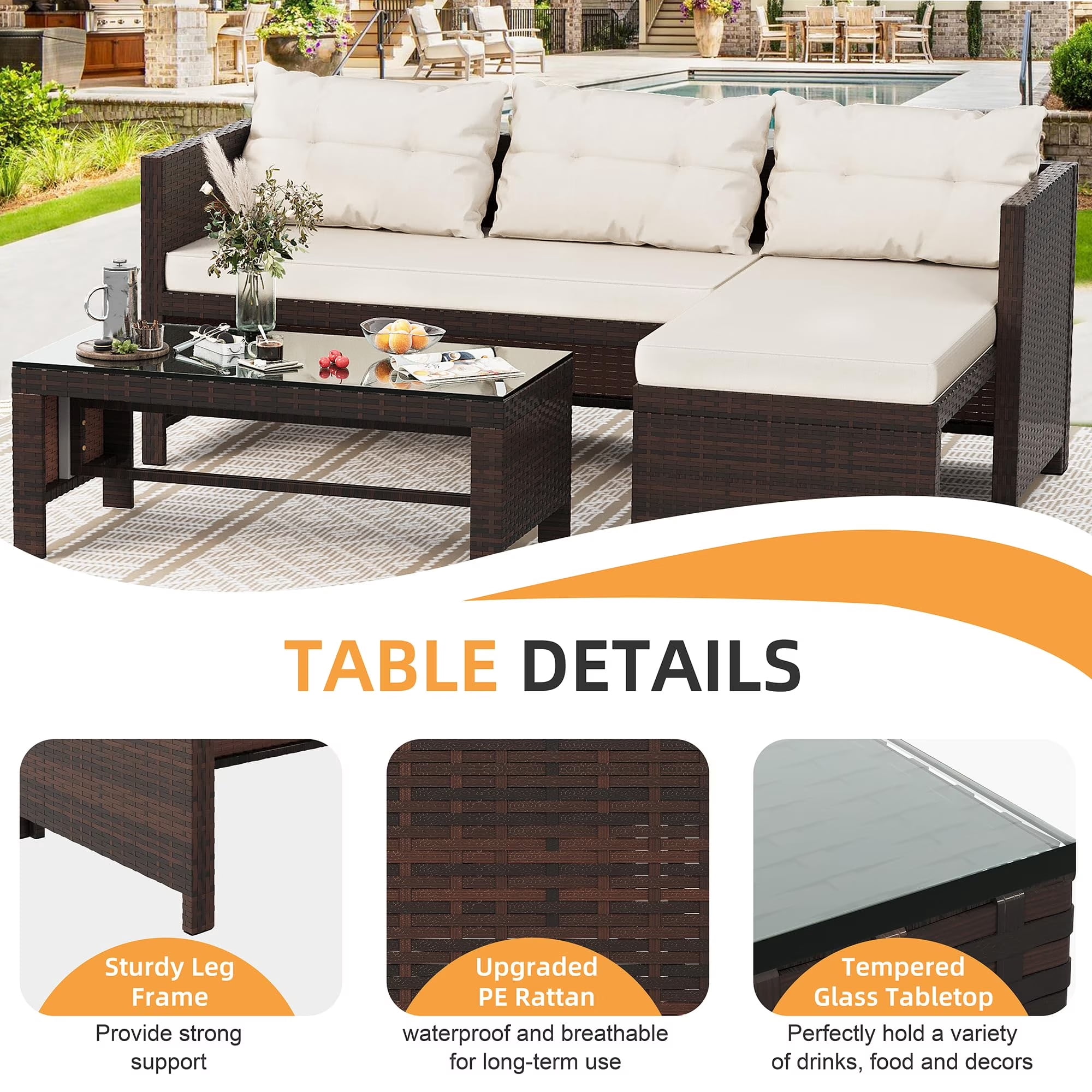 Tappio 5 Pieces Patio Furniture Sets All Weather Outdoor Sectional Patio Sofa Manual Weaving Wicker Rattan Patio Seating Sofas with Cushion and Glass Table