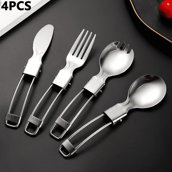 4 PCS Folding Camping Utensils Set Stainless Steel Outdoor Cutlery Spoon Fork Knife for Picnic Travel Hiking Backpacking Travel Utensil