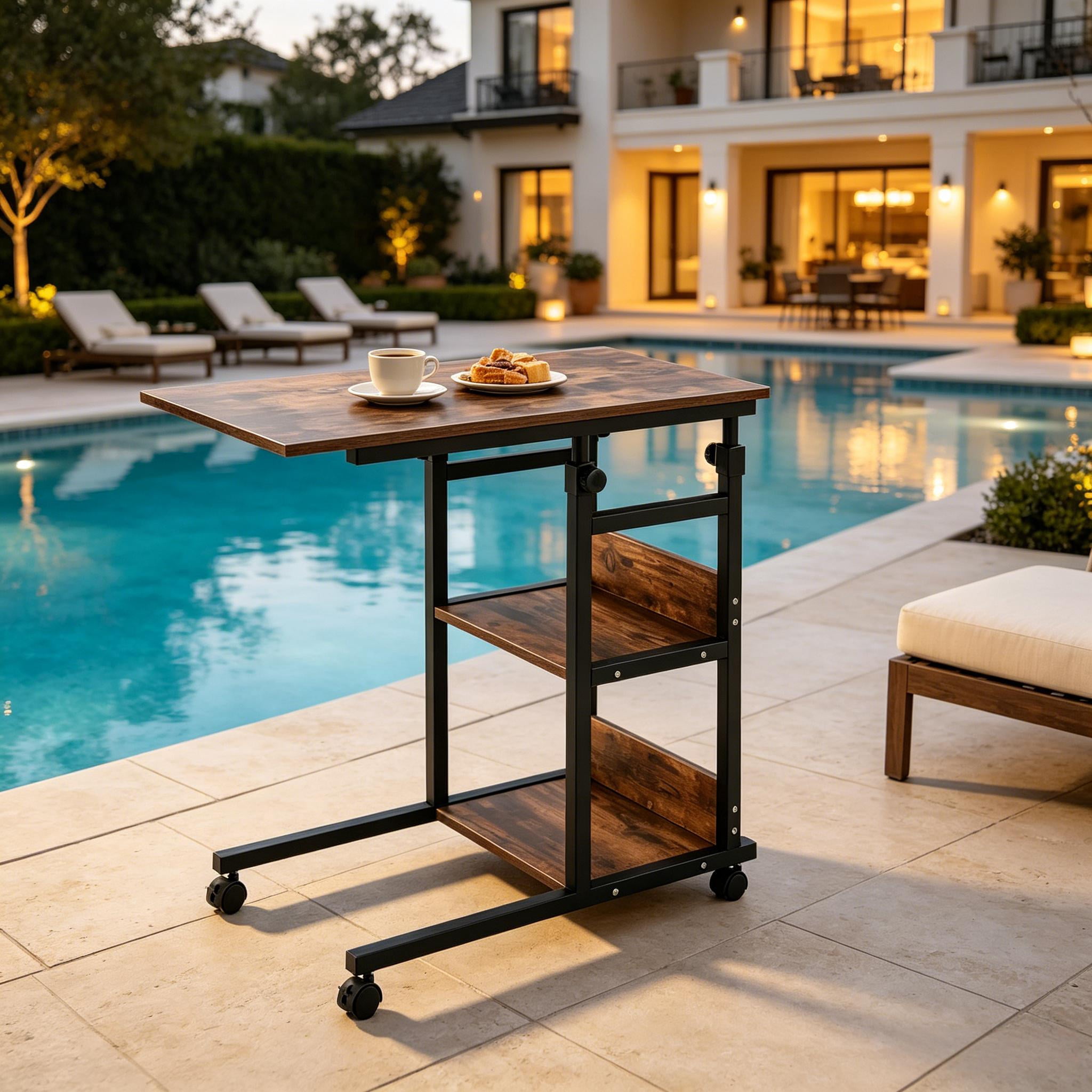 C-Shaped Height Adjustable Rolling Side Table, 3-Tier Mobile Utility Cart with Lockable Wheels, Multi-Purpose Sofa Snack Bar & Garden Table