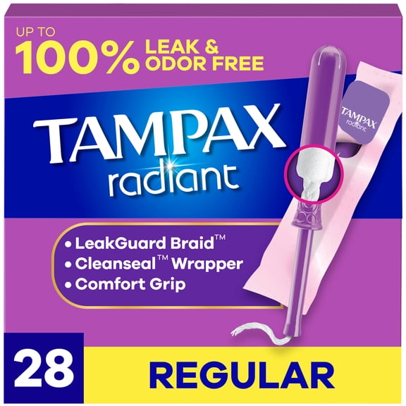 Tampax Radiant Tampons, with LeakGuard Braid, Regular, 84 Count