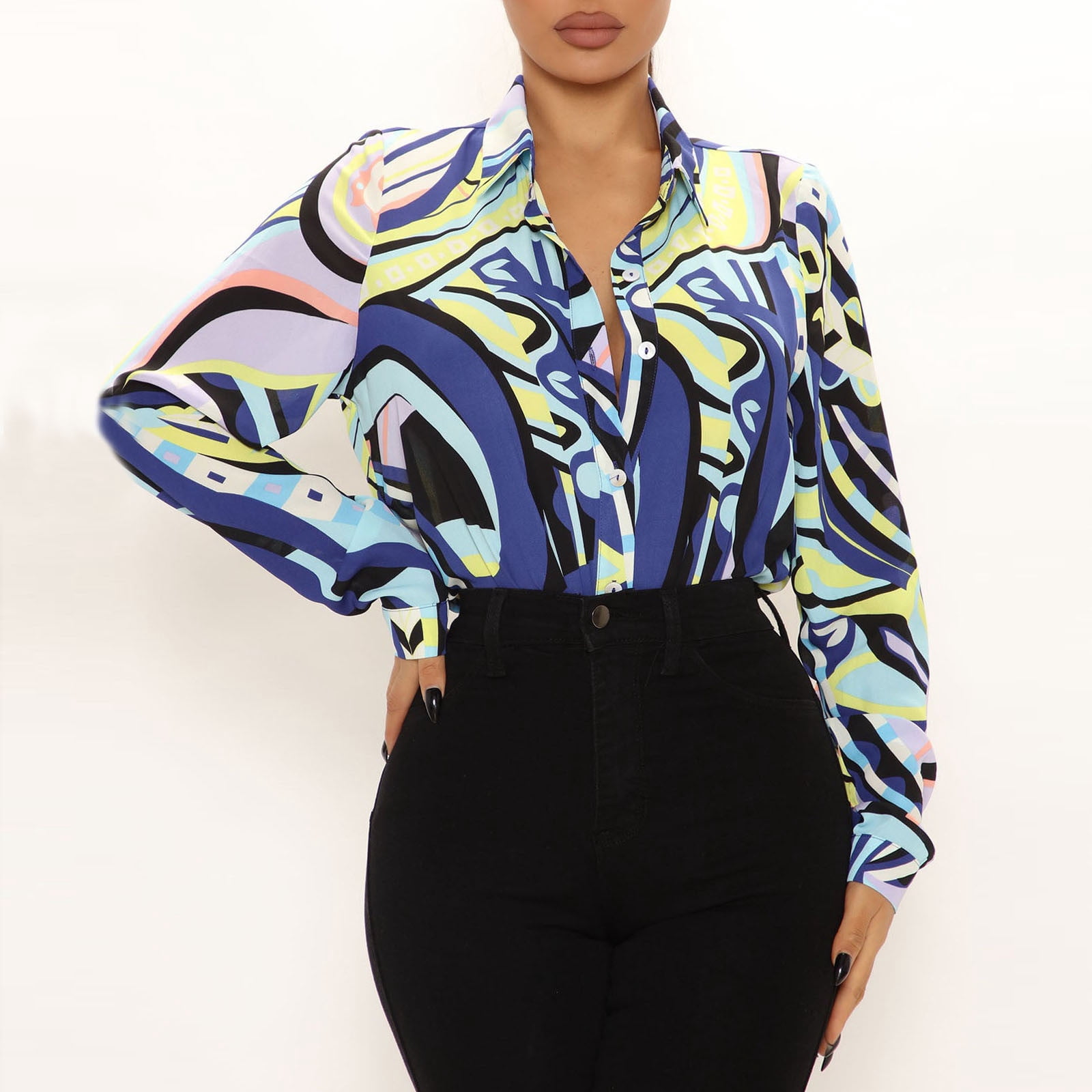 Women's Casual Tunic Fashion Summer Turndown Collar T-Shirt Printed Long Sleeve Tops Plus Size Blouses Shirt Dressy for Fall