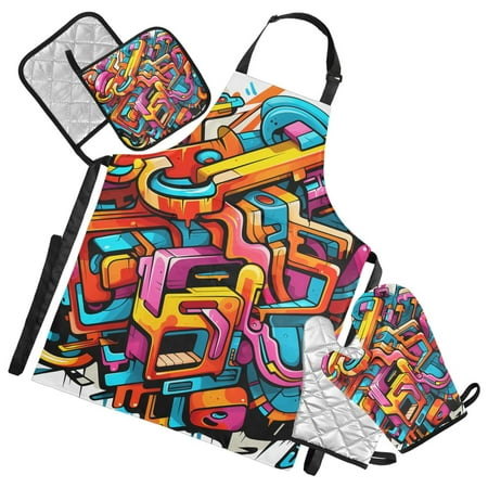 Colorful Futuristic Graffiti 5 Pcs Kitchen Set Heat Resistant Oven Mitts and Non-Slip Pot Holders with Adjustable Cooking Apron