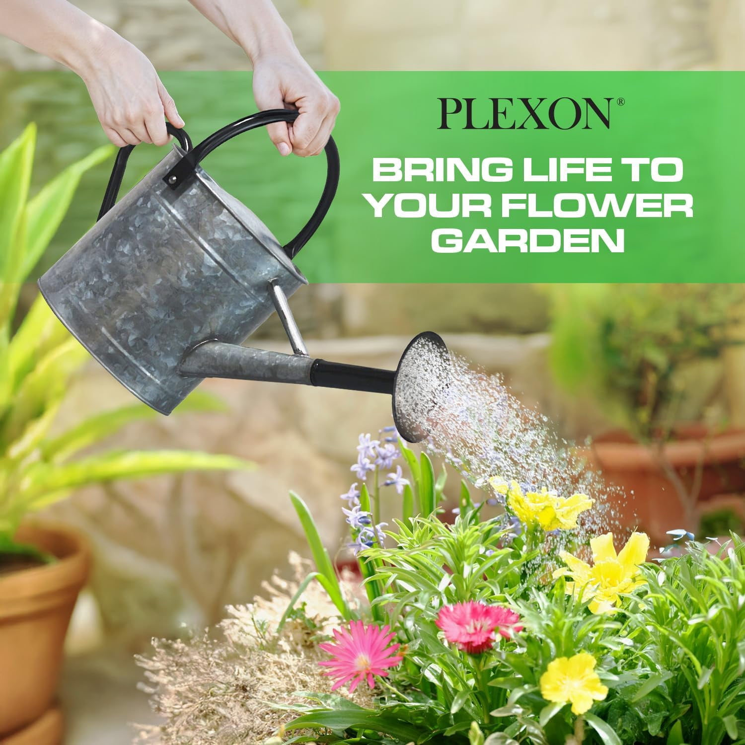 Plexon 1 Gallon Metal Watering Can Outdoor, Flower Plant Gardening Garden Large Galvanized Watering Can Pot Pitcher, Steel Black Handles and Removable Spray Spout, Silver