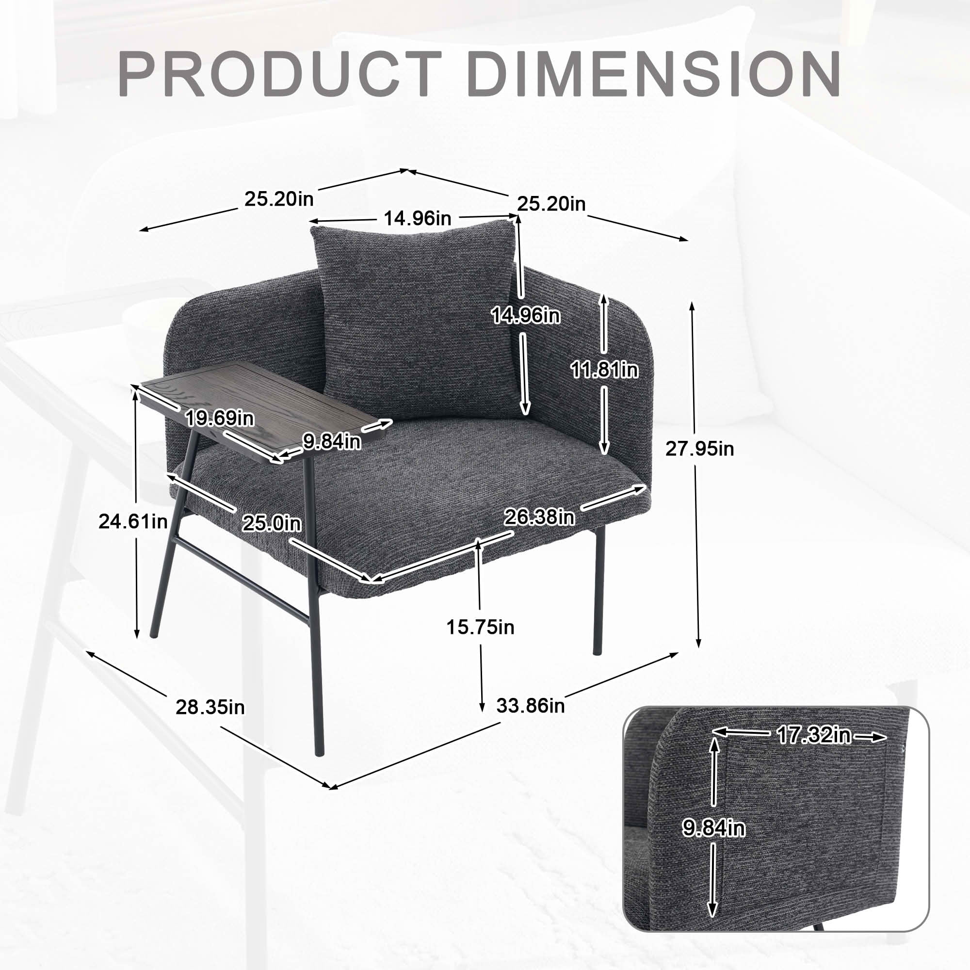 MAYEERTY Leisure Lounge Chair with Side Table & Back Pillow, Armchair, Dark Gray, Living Room Bedroom
