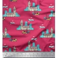 thumbnail image 1 of Soimoi Pink Rayon Crepe Fabric Clock Tower,Airplane & Forklift Truck Transport Print Fabric by the Yard 46 Inch Wide, 1 of 1