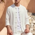 thumbnail image 2 of ROHUUQUE Men's Cotton Linen Shirts Stand Collar Long Sleeve Solid Frog Button Pocket Loose Casual Tops Daily Outdoor, 2 of 9