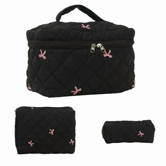 Quilted Makeup Bag 3pcs Large Capacity Toiletry Pouch Set Portable Cosmetic Zipper Tote Bag for Travel Organizer,3 * Quilted Makeup Bag,Black
