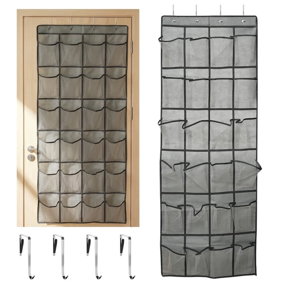 2 PK Over The Door Hanging Shoe Organizer, 24 Large Breathable Mesh Pockets,  Hanging Shoe Storage Organizer, Gray