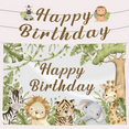 thumbnail image 4 of Safari Jungle Animals Backdrop Happy Birthday Banner Tropical Green Leaves Baby Girl Boy Photography Background Kid Portrait Party Decoration Photo Studio Booth Props Cake Table Banner, 4 of 4