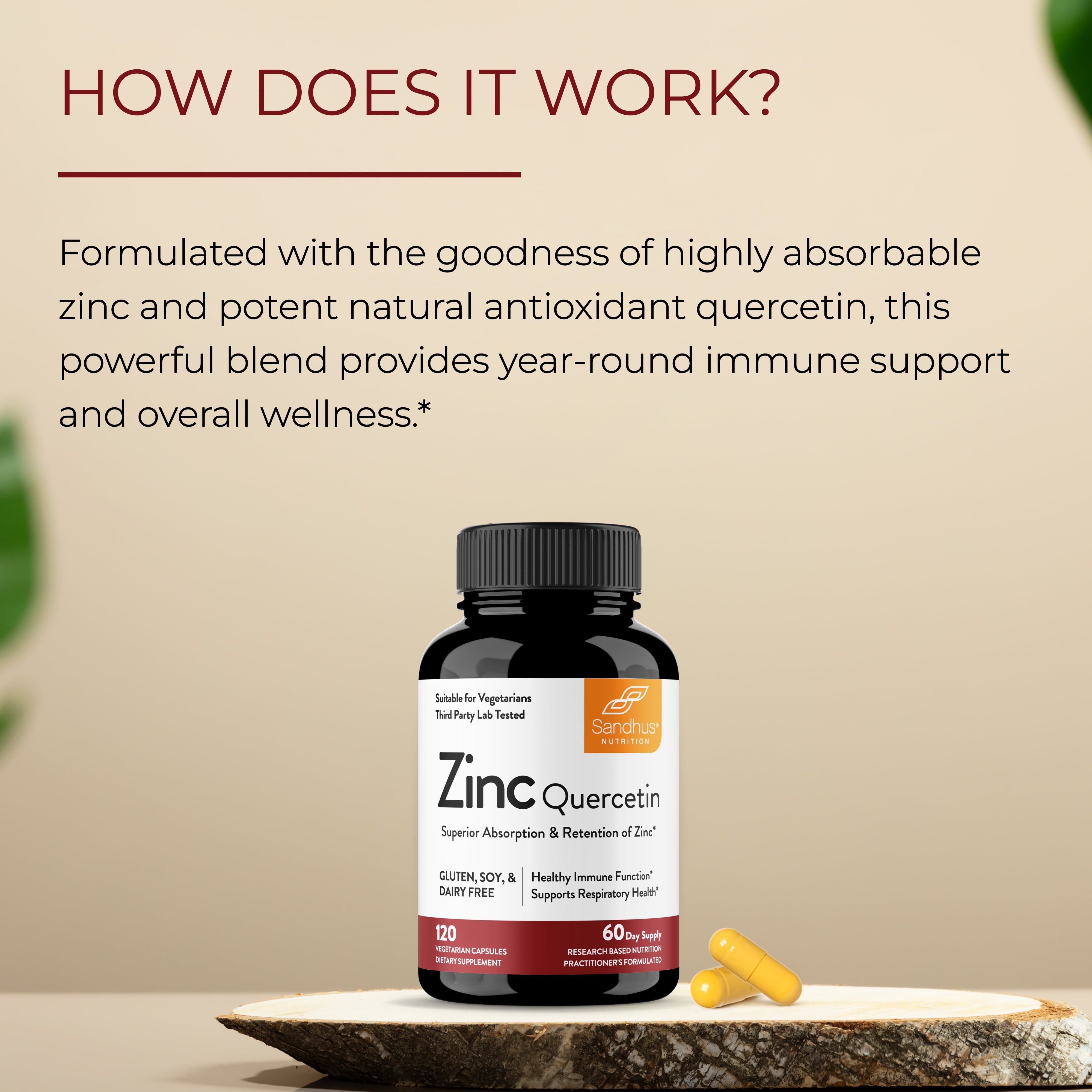 Sandhu's Zinc Quercetin 120 Vegetarian Capsules (Pack of 1) | High Absorption Zink Supplements for Immunity and Seasonal Allergy | Antioxidant Immune Support for Men and Women | Easy to Swallow