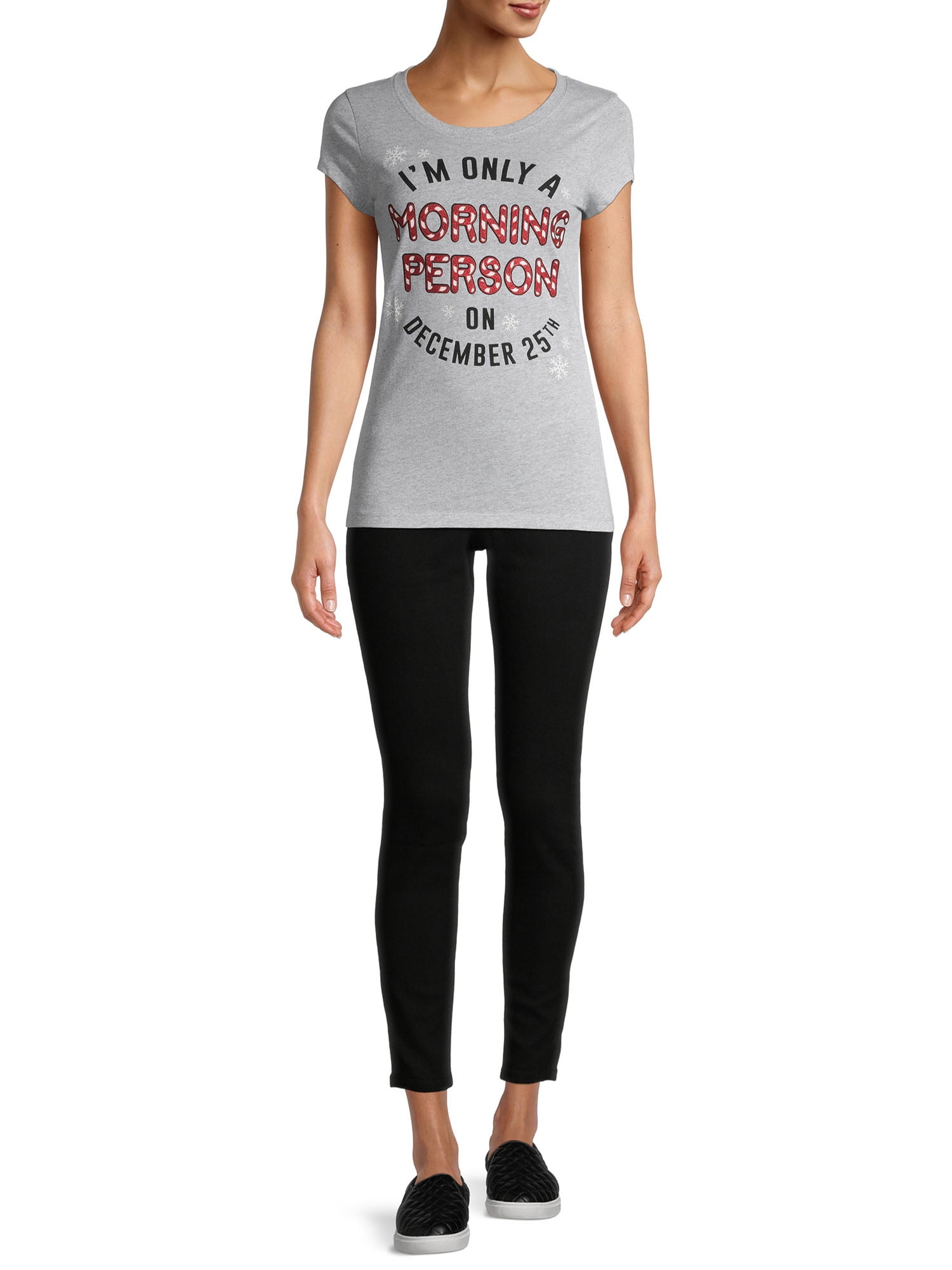 Hybrid Juniors Morning Person on December 25 Holiday Graphic T-Shirt with Glitter