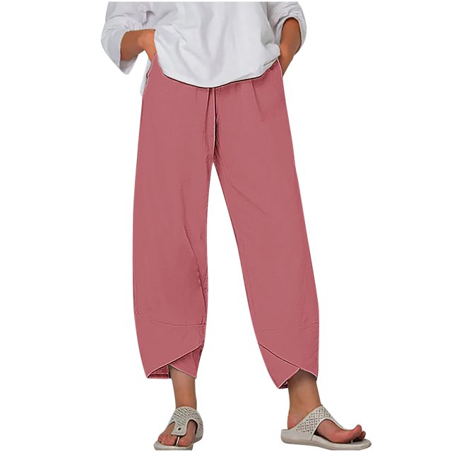 Timegard Plus Size Pants for Women Elastic Waist Solid Color Comfy Fall Casual Crop Pants with Pockets