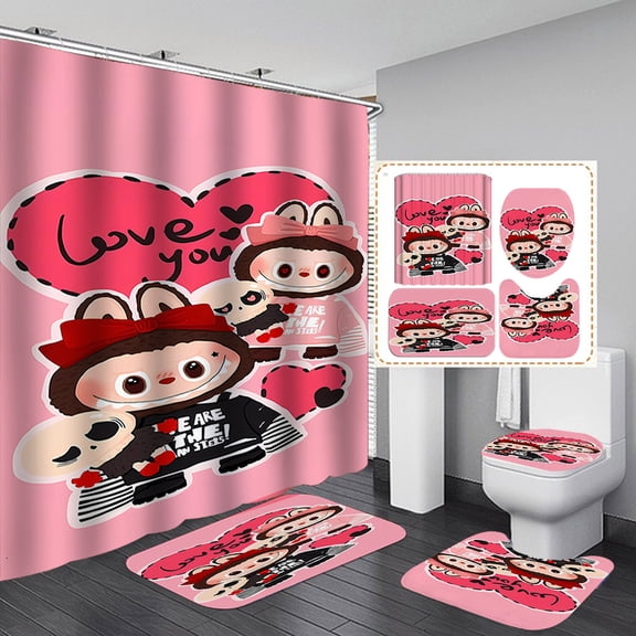 Cute Shower Curtain Set 4 Piece with Non-Slip Rugs, Toilet Lid Cover and Bath Mat Cartoon Bathroom Decor 70 x 70inch