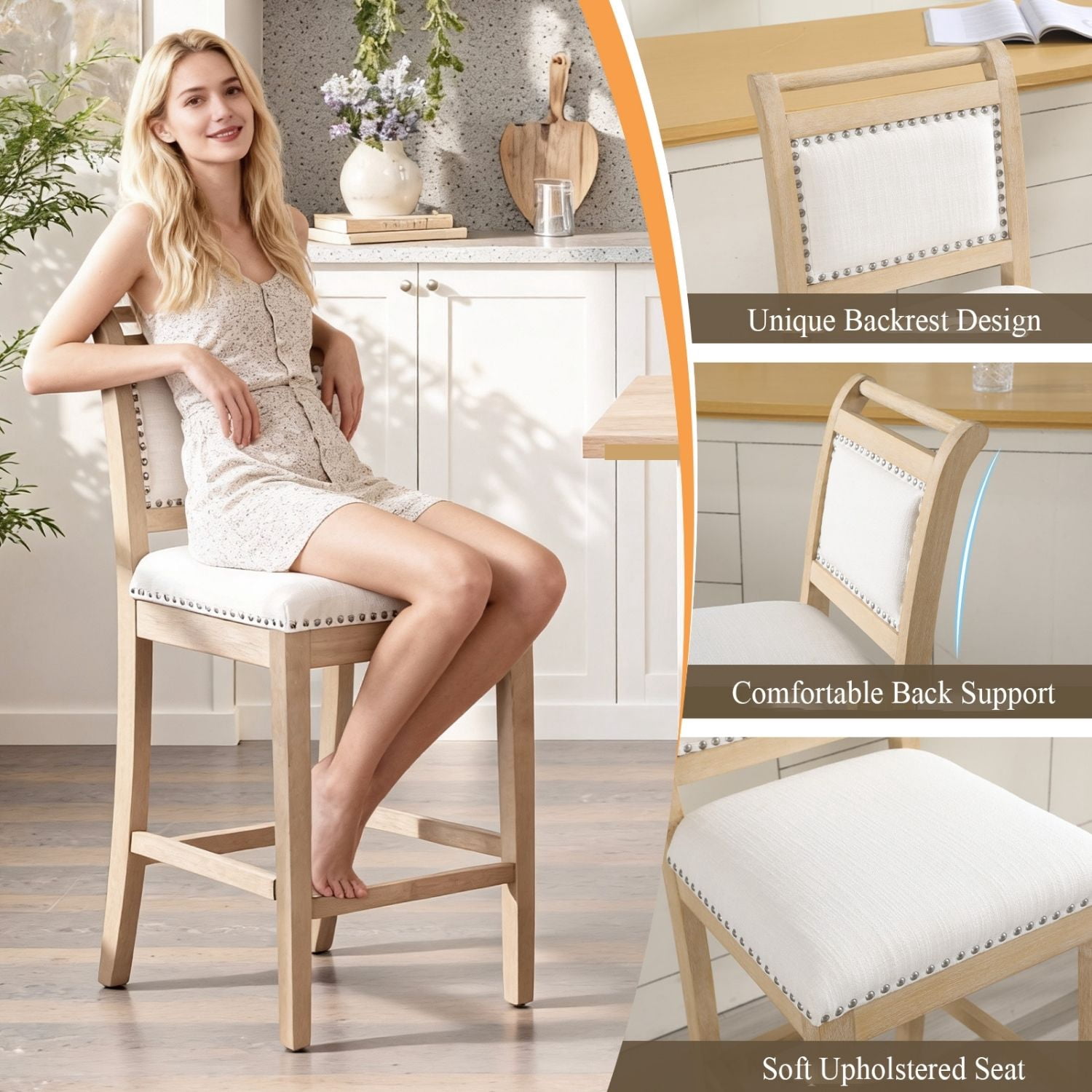 Dayalane 26" Farmhouse Counter Height Bar Stools Set of 4, Rustic French Wooden Barstools with Linen Fabric Upholstered , Top Rail Nailhead Breakfast Bar Stool for Bar Kitchen Island Bistro, Ivory