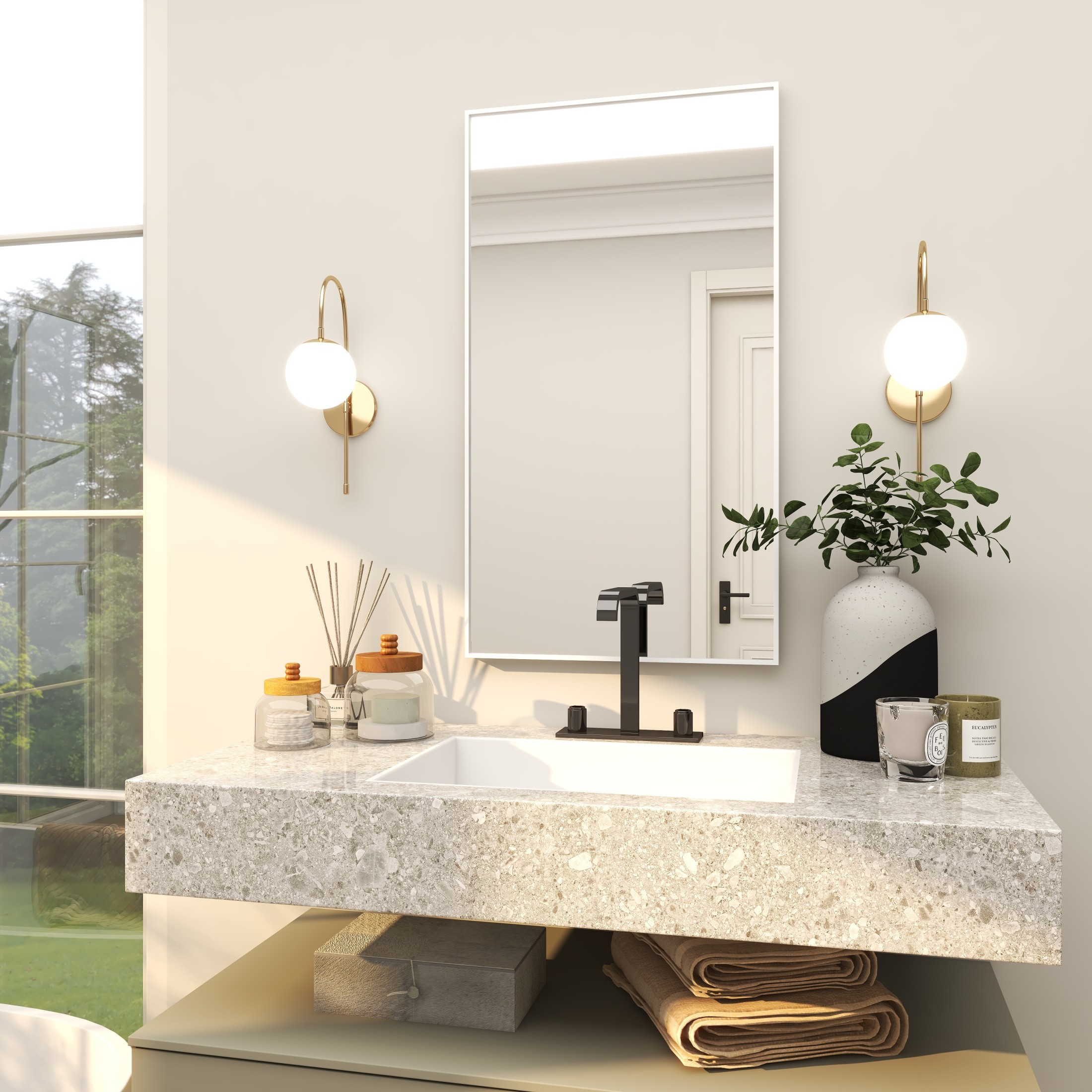 DecMode 18" x 32" White Wall Mirror with Thin Frame