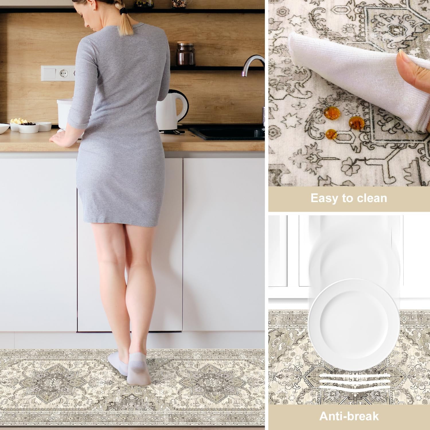 Boho Washable Kitchen Rugs Sets of 3, Non Slip Kitchen Mats for Floor with Rubber Backing, Waterproof & Stain Resistant Carpet Runner Throw Rug for Kitchen, Laundry Room, Hallway, Beige Brown
